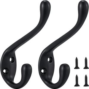 Coat Hooks 5 Pack - Heavy Duty Wall Mounted Two Prongs Matte Black Double Hooks for Hanging Clothes/Towels - Sturdiness Design with Better Mounting System
