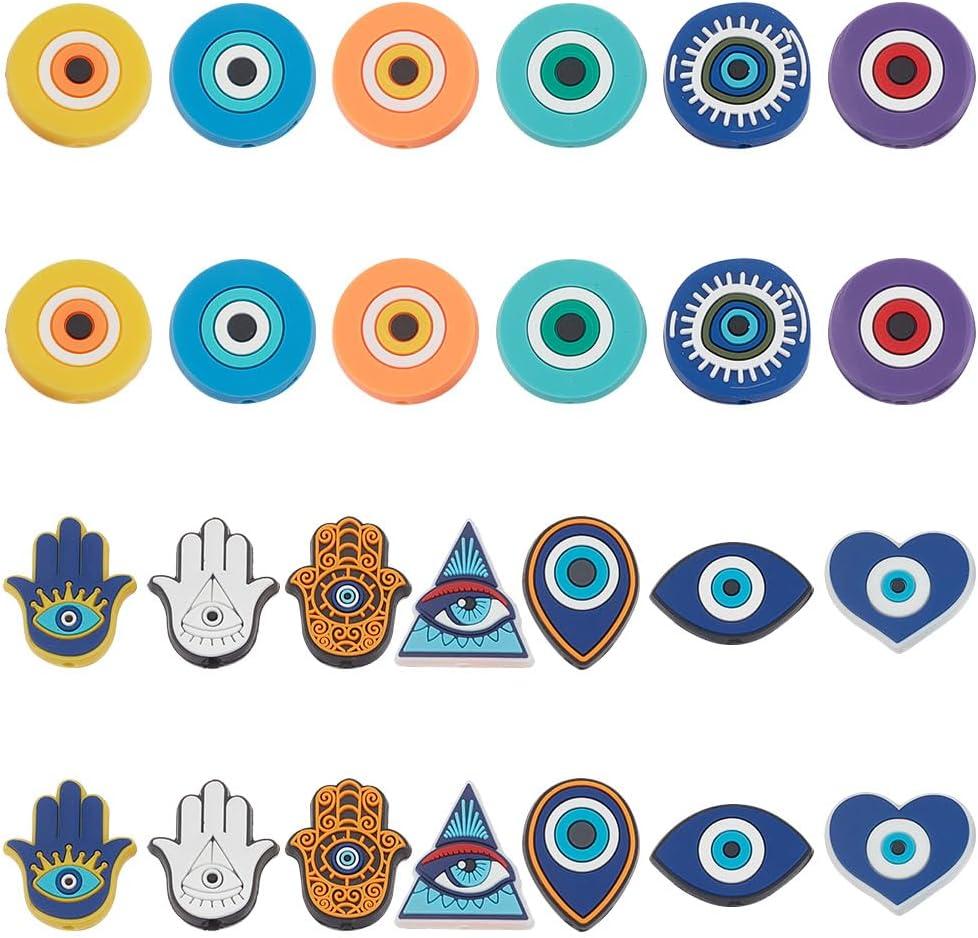 WEBEEDY 26 PCS 13 Styles Evil Eye Silicone Focal Beads Cartoon Devil's Eye Hamsa Hand Focal Beads Soft Bulk Bead for Pens Keychain Bracelets Jewelry Making Back to School DIY Craft,Hole: 0.12inch