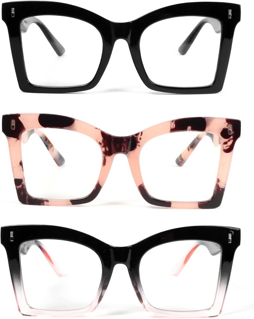 REAVEE 3 Pack Oversized Square Reading Glasses for Women, Blue Light Blocking Stylish Readers Spring Hinge, Black+Pink Leopard+Black Pink (1.25)