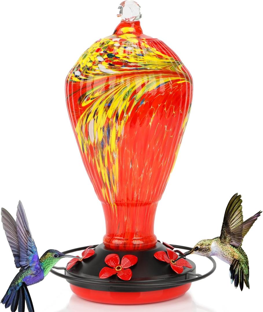 Hummingbird Feeder 32 OZ Hummingbird Feeders for Outdoors Hanging Attractive Hand Blown Glass 5 Feeding Ports & Metal Base Ant Moat Hook Leakproof Gasket Anti-Rust Feeder for Garden Backyard Dcor
