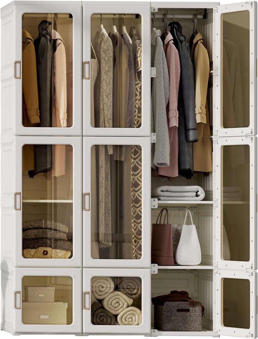 Portable Wardrobe Closet Storage Organizer for Clothes,Transparent Door Panels,Suitable for Living Room, Bedroom,Plastic Wardrobe with Magnetic Door and Easy Assembly (3 Hanging Rod) 