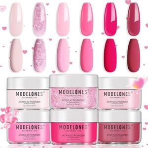 Modelones Pink Acrylic Powder 6 Colors Acrylic Nail Powder Kit Neon Glitter Summer Acrylic Nail Powder Valentines Day Gifts Acrylic Cover Powder for Nail Art Extension No Nail Lamp Needed (A3-LoveStruck Blush)