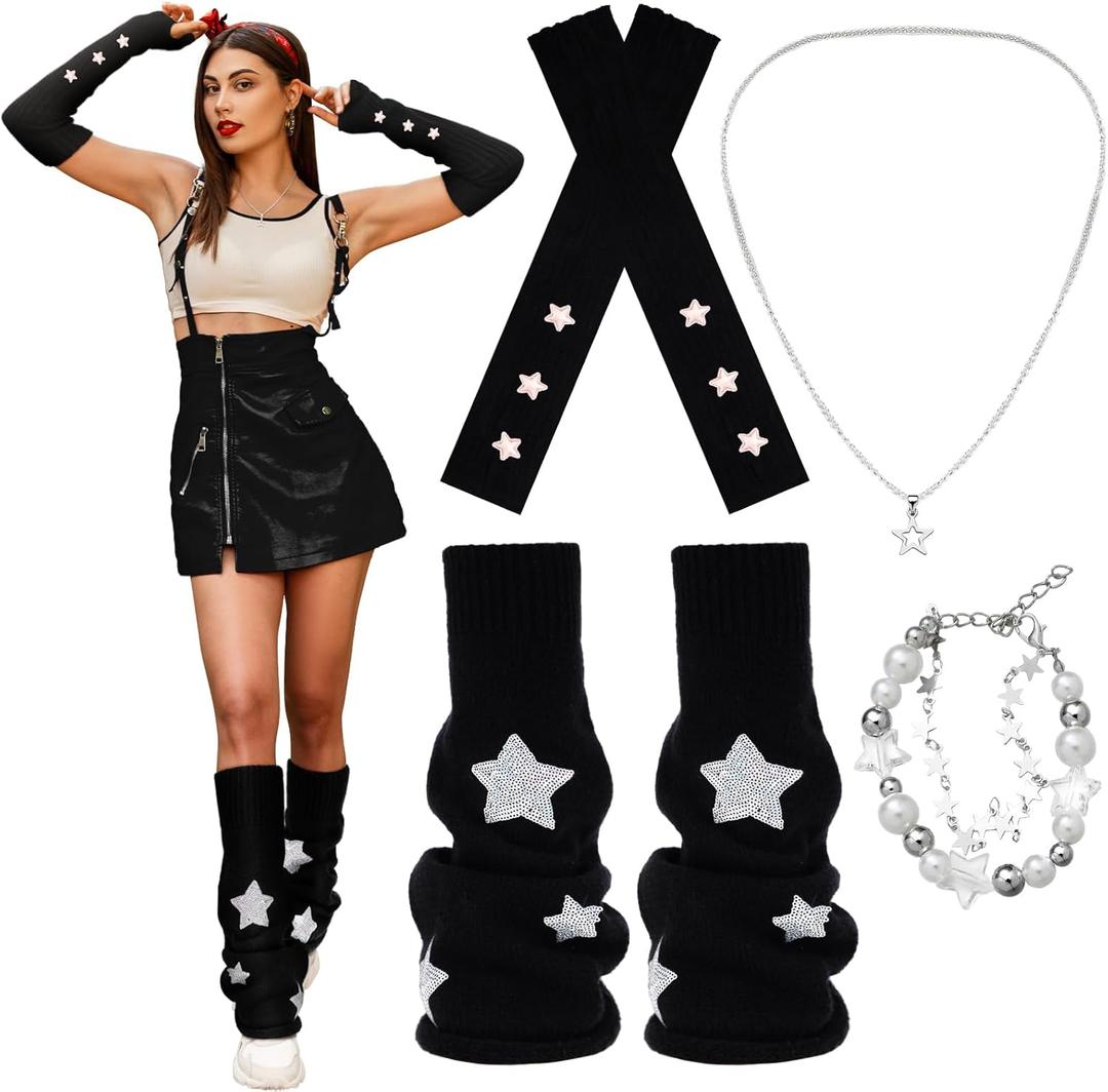4 Pcs Y2k Star Leg Warmers for Girls Arm Warmers Streetwear Set Include Star Necklace Silver Bracelet Y2k Accessories Kawaii Gyaru Aesthetic Harajuku Jewelry Accessories for Girl Women (Black)