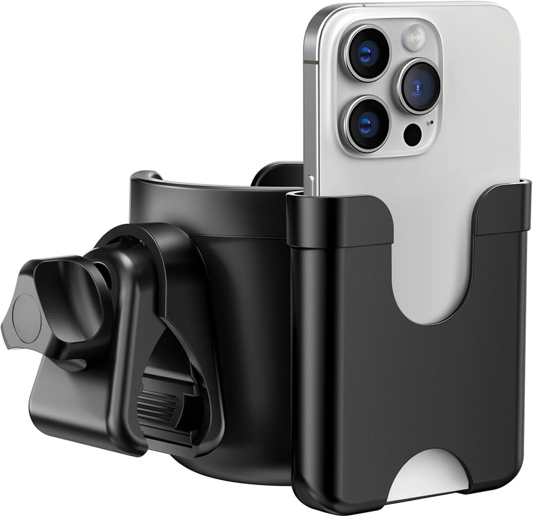 Guiseapue Cup Holder for Walker: Stroller Cup Holder Attachment with Phone Holder, Wheelchair/Stroller Accessories for Rollator, Bike, Scooter, Baby Essentials, First Gifts for New Mom (Black)