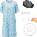 Old Lady Costume for Women Granny Costume Kit with Old Lady Nightgown Wig Grandma Costume Halloween Outfits (Medium-Large, Dress)