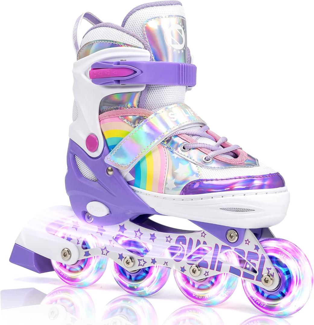 SULIFEEL Rainbow Unicorn Inline Skates for Girls Boys 4 Size Adjustable Light up Wheels Skates for Kids Beginner (Medium - Big Kid)