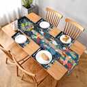 5-Piece Table Runner and Placemat Set – Whimsical Folk Art Design with Floral & Dancing Characters – 1 Table Runner & 4 Placemats – Colorful Dining Decor for Spring & Festivals