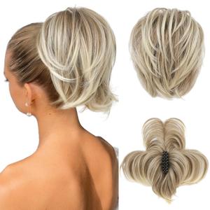 HOOJIH Messy Bun Hair Piece, Claw Clip in Straight Hair Bun 9 Inch Short Ponytail Extension with Bendable Metal Wire Hair Pieces for Women Fake Pony DIY Styles - Light Ash Brown with Blonde mixed