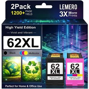 LEMERO 62XL Ink Cartridges Remanufactured Ink Cartridge Replacement for HP 62XL Ink Cartridge Combo Pack for HP Ink 62 use with Envy 7640 5660 5540 7645 5746 OfficeJet 250 200 5740 Mobile Printer (62XL Black and Color)