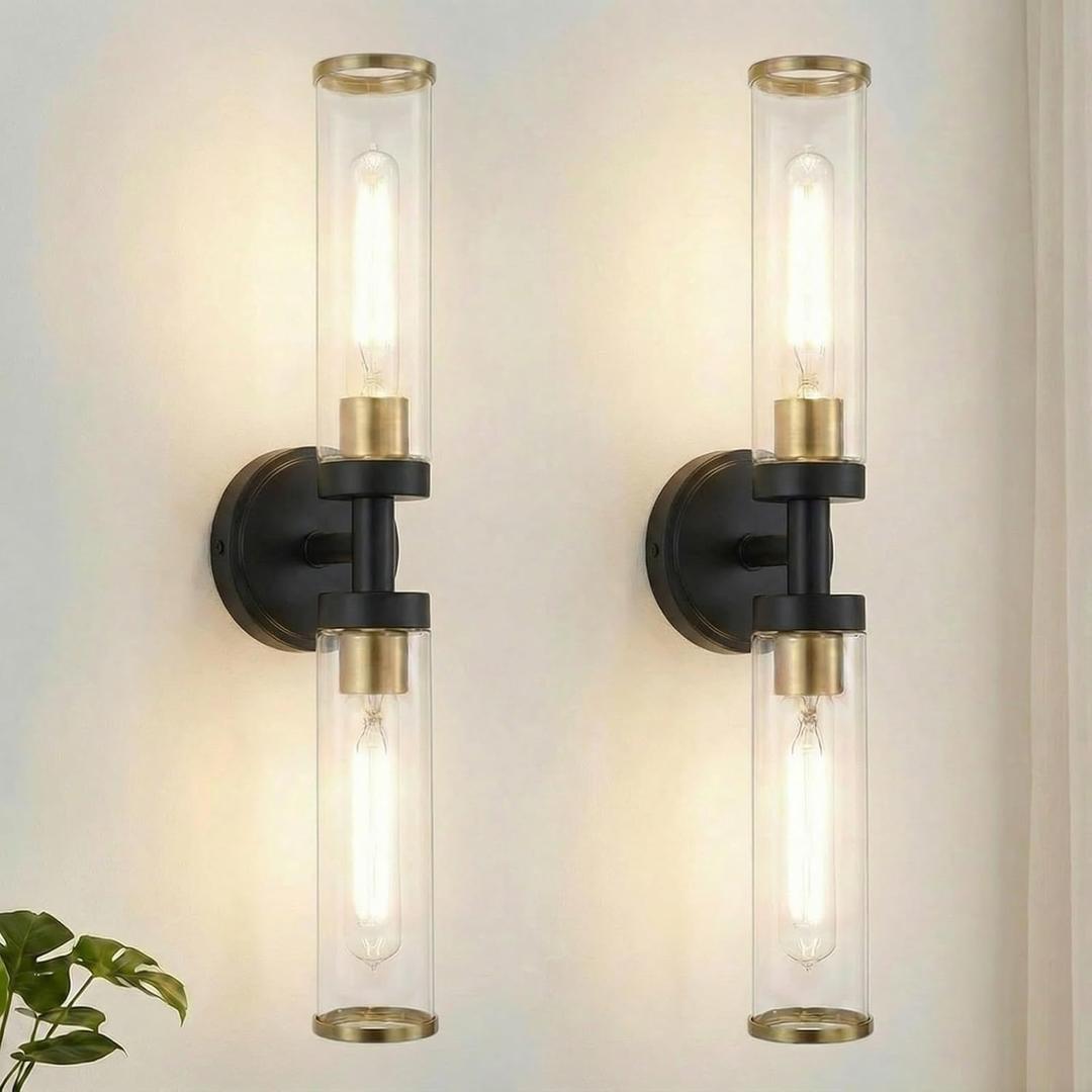 Black and Gold Wall Sconces Set of Two, Bathroom Light Fixtures with Clear Glass Modern Hardwired Wall Scones for Bathroom Mirror Living Room Hallway Bedroom(Bulbs Not Include)