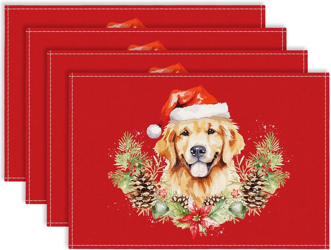 Christmas Wreath Golden Retriever Pine Cones Placemats Set of 4, 12x18 Xmas Watercolor Rustic Red Table Mat Decor, Seasonal Winter Table Decors for Christmas Dining Kitchen Holiday Party. (069)