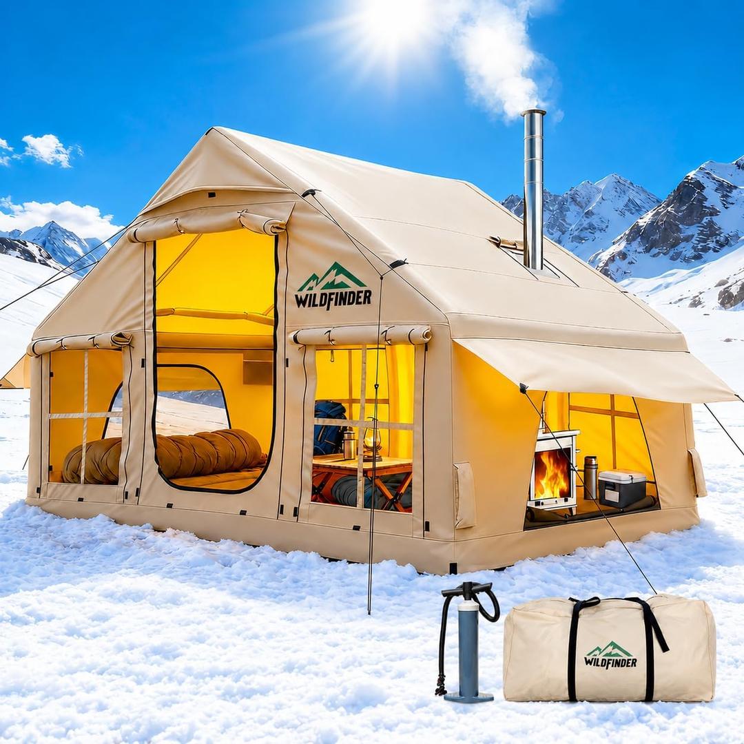 Inflatable Tent with Skylight, Quick Setup Blow Up Tents with Pump, Hot Tent with Stove Jack, Waterproof Oxford Inflatable House for Camping, Air Glamping Tents for Camping Adult, 4-6p