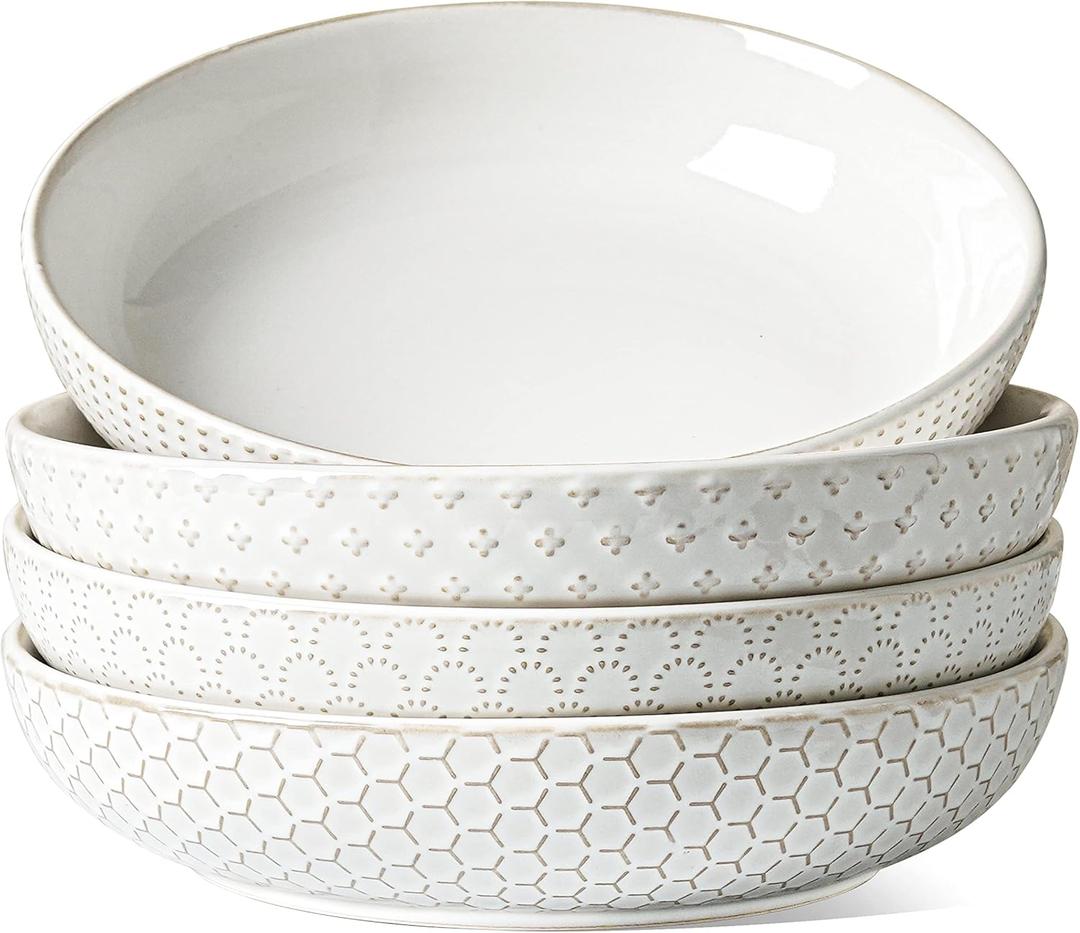 LE TAUCI Pasta Bowls 42oz, Large Salad Bowl, Ceramic Embossment Stoneware Serving Plate for Fruits, Noodle, Dinner, House-warming Wedding Present - 9 Inch, Set of 4, Arctic White
