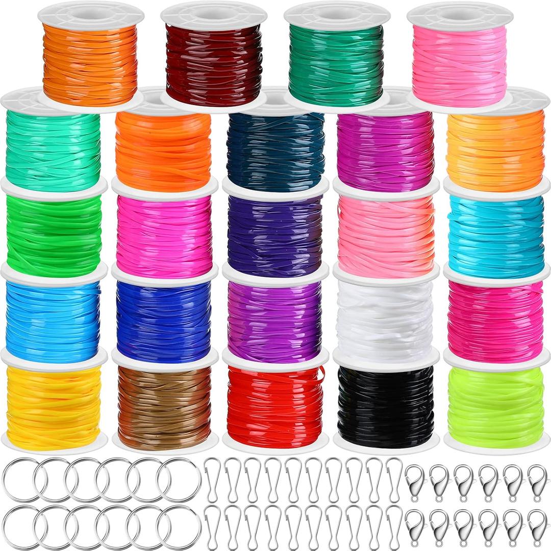 Janinka Gimp String Plastic Lacing Cord Kit with 24 Rolls Gimp Bracelet Cord 24 Pcs Jewelry Lobster Clasp 24 Pcs Key Chain Ring Lanyard Clips Lanyard Snap Hooks(Classic,Normal)