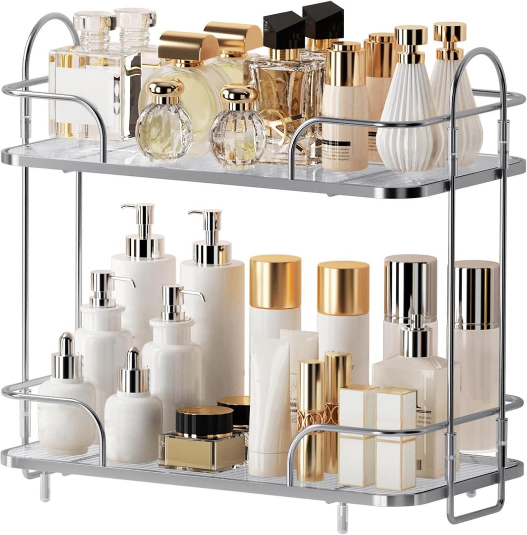 2 Tier Corner Bathroom Counter Organizer, Cosmetic Skincare Bathroom Countertop Perfume Tray Vanity, Kitchen Spice Corner Storage Shelf (Silver)