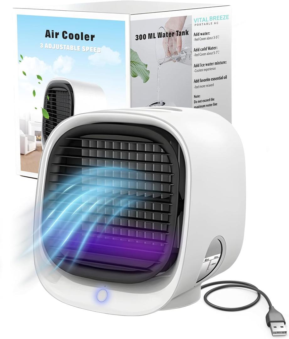 Vital Breeze Portable AC Evaporative Air Cooler Vital Breeze Portable Air Conditioner portable 300 mL Water Tank, < 40 dB Quiet, 3 Fan Speeds, Washable Filter, Color-Cycle Night-Light Bedroom Mini AC, 6 x 5.5 x 6.4 inches