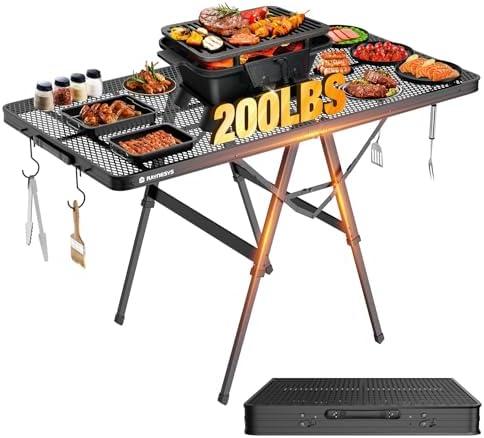 Raynesys Foldable Grill Table with Mesh Desktop, 200lbs 4Ft Portable Folding Table, Height Adjustable Metal Table for Ourdoor, Camping, Picnic, BBQ and Beach, RV, 47.24" L x 23.62" W