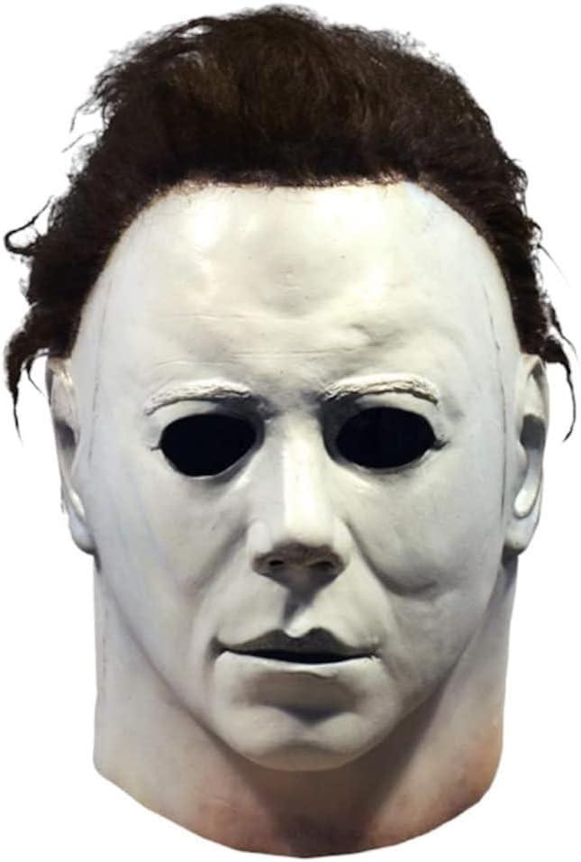 Halloween Horror Mask, Deluxe White Latex Full Head Mask with Black Hair, Costume Accessory