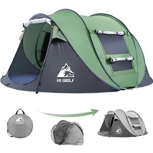 HEWOLF 3-4 Person Pop Up Tents for Camping Easy Set Up Pop Up Tent Waterproof Portable Tent Automatic Setup with 2 Bigs Doors Family Tents for Hiking (Green)