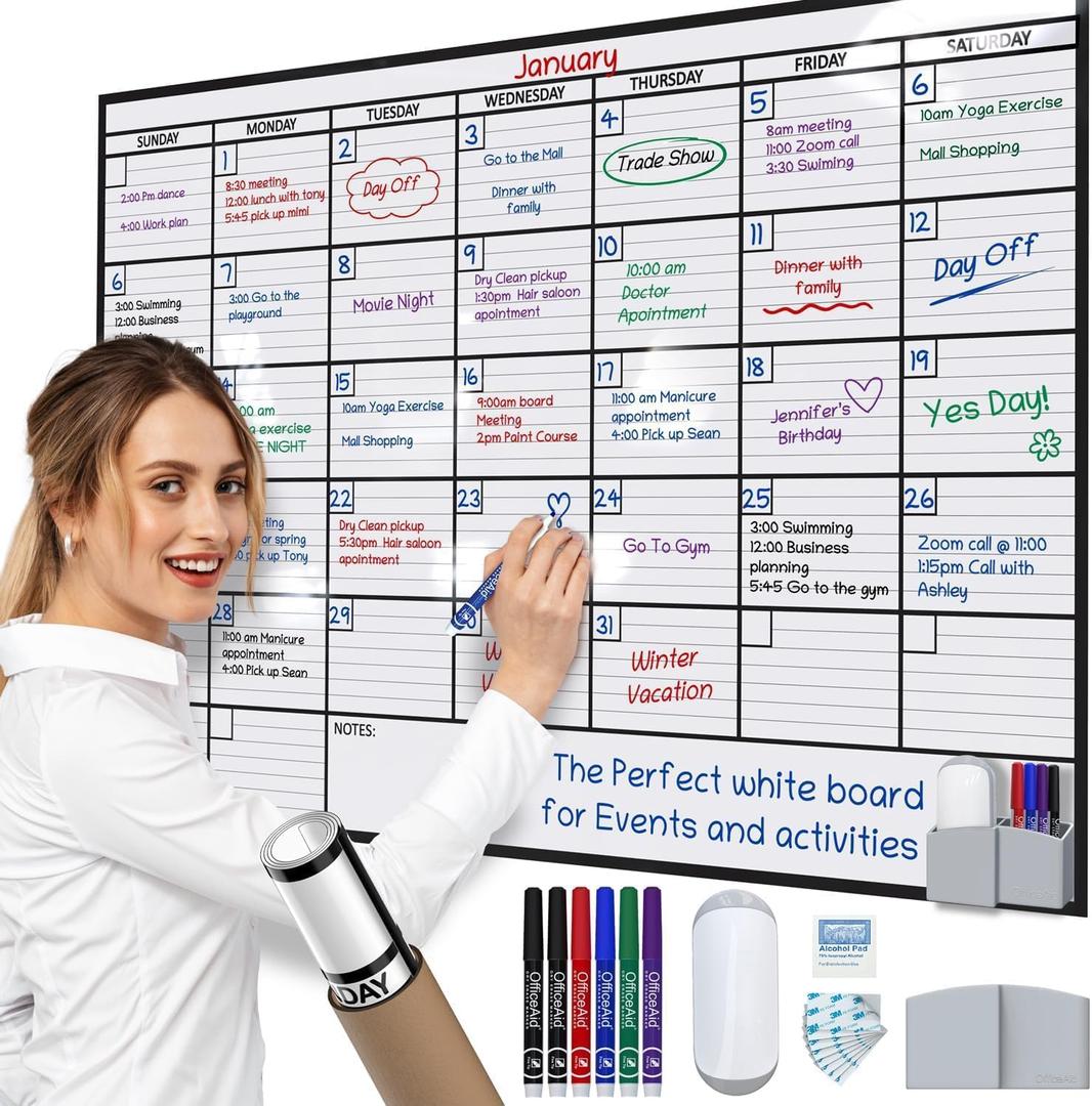 Large Dry Erase Calendar for Wall, 36x48, Large Wall Calendar Dry Erase, Big White Board for Office, Home & School, Giant Erasable Whiteboard, Jumbo Monthly Undated Reusable White Board Planner