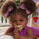 JIZHI Reborn Baby Dolls Black  22 Inch Lifelike Soft Body RealisticNewborn Baby Dolls Taupe Eyes Caramel Skin Tone Pink Striped Skirt Real Life and Toy Accessories Gift for Kids Age 3