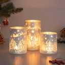 Hewory Christmas Candle Holders Centerpiece: Silver Snow House Deer Christmas Decorations Hurricane Glass Pillar Candle Holders Set of 3 Decorative Candle Stands for Mantle Fireplace Dining Room