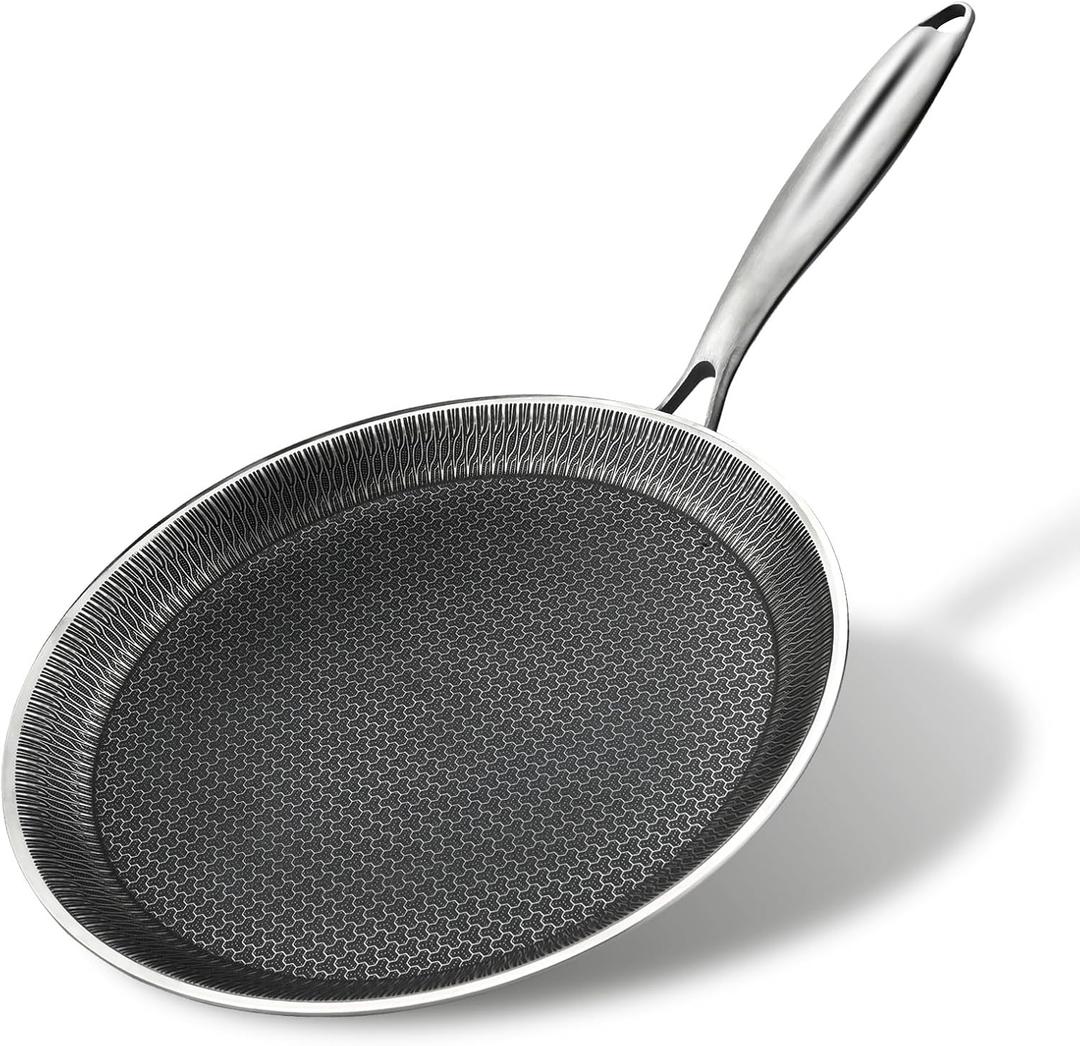 Nonstick Crepe Pan, 11Inch Stainless Steel Crepe Pan, Honeycomb Coating Flat Skillet Tawa Dosa Tortilla Omelet Griddle Pan, PFOA Free, Induction Compatible