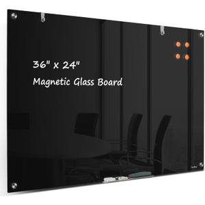Dry Erase Board Black Magnetic Glass Whiteboard, TANKEE Modern Large Frameless Tempered Glass White Board for Wall, Office, School, Home, 36 x 24, 3' x 2' White Board