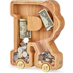 Wooden Letter Piggy Bank, Inter-connectable Piggy Bank for Kids Boys Girls, Alphabet R Money Bank Toy with Wheels, for Kids (Initial-R)