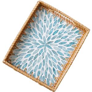 i-lan 14 Inch Rectangular Rattan Woven Tray Basket with Light Blue MOP Wooden Base and Handles, Boho Wicker Coffee Table Serving Tray Dcor with 2 Inch Wall, Handmade Display Basket for Dining Room (13.8" x 10.8" x 1.6")