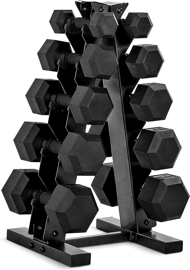 CAP Barbell Rubber Coated Hex Dumbbell Set with Storage Rack |  Options, Space-Saving Vertical Compact Storage for Home Gym Strength Training, Size: 150 lb - Set, Style: Black Handle