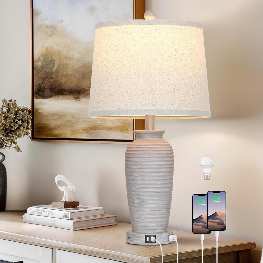 25" Vintage Farmhouse Jar Table Lamps, Single Rustic Bedside Lamp with USB A+C Ports & AC Outlet, Nightstand Lamps for Living Room, Bedroom, End Table, Grey White (LED Bulb Included)