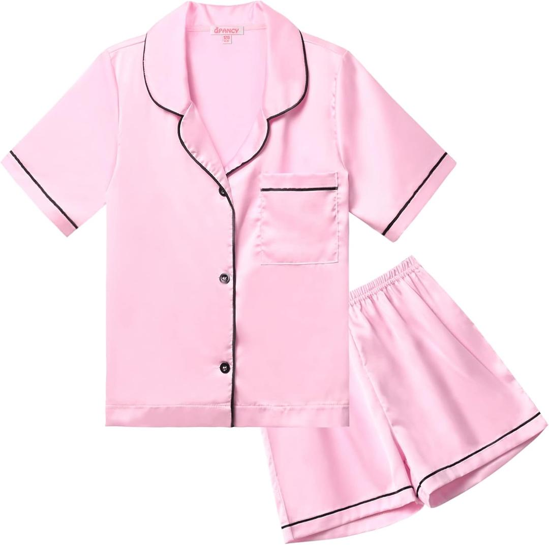 QPANCY Kids Satin Pajamas Sets Baby Boy Girl Button-Down Silk Sleepwear 2 Piece Short Sleeve Loungewear Clothes Set (10-11 Years, Pink)