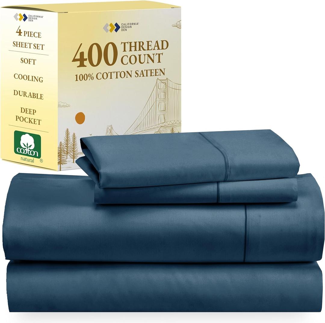 California Design Den Full Size Bed Sheets Set - Soft 400 Thread Count Sateen, Natural 100% Cotton Sheets with Deep Pockets, Breathable, Cooling and Durable Bedding Set - Peacock Blue