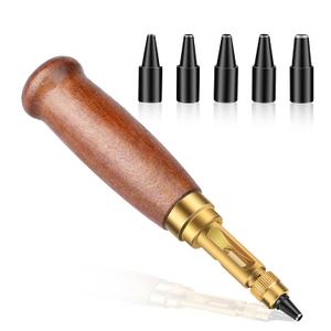Adjustable Leather Hole Punching Tool Automatic Puncher with Wooden Handle Hollow Hole Punch with 6 Tips Size (1.5mm/2mm/2.5mm/3mm/3.5mm/4mm) for Leather Belt, Bag, Wristband (Red brown)