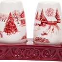 Bico Toile De Jouy Winter Wonderland Salt & Pepper Shaker Set with Holder, Handpainted, Dishwasher Safe (Red)