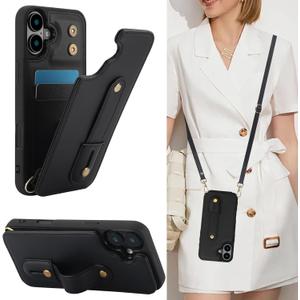 Crossbody Wallet Case for Apple 17, RFID Blocking PU Leather Lanyard with Card Slots Wrist Strap Kickstand Cover for Women Case for iPhone 17 Removable Black