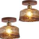 2 Pack 6.7'' Semi Flush Mount Ceiling Light,MidCentury Modern Ceiling Light Fixture,Brown Glass Lampshade Vintage Hallway Lights Fixtures,Wood Base Flush Mount Ceilings Lights【No Bulb Included】