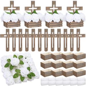 Amyhill 123 Pcs Baptism Centerpieces for Tables 12 Wood Crosses 12 Wooden Boxes 75 Artificial Roses 24 Foam Padding Baptism Tables Decorations Kit for First Communion Wedding Baby Shower Decor