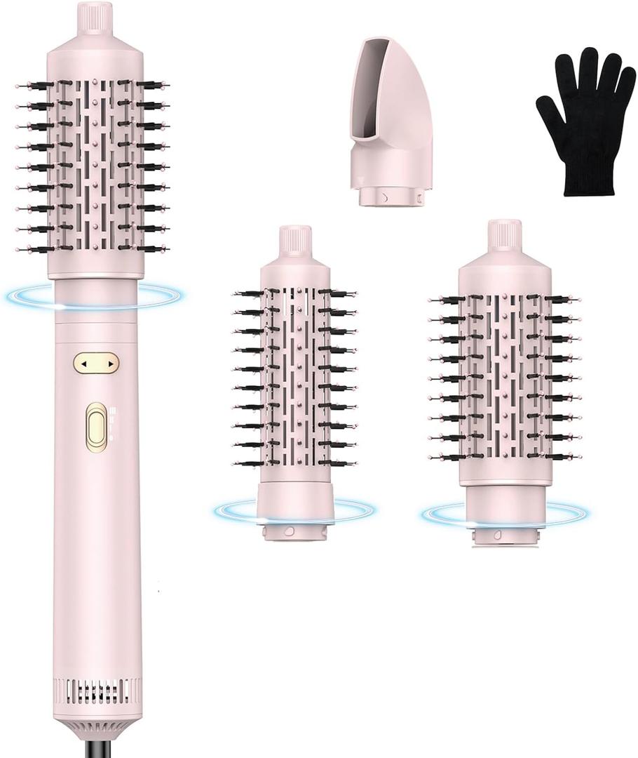 Hair Dryer Brush, 4 in 1 Rotating Round Hot Air Spin Brush Set Negative Ionic Professional Blow Dryer with Detachable Brush(2" & 1.5"), 3 Heats and 2 Speeds Rotating Blow Dryer Brush (Pink)