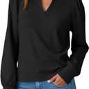 Tankaneo Womens Puff Long Sleeve Tunic Tops Trendy Casual V Neck Fall Shirts Loose Fit Basic Tees (Black, S)