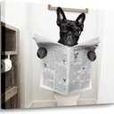 Funny Dog Canvas Wall Art Print French Bulldog Read Newspapers Sitting on Toilet Poster Prints on Canvas Painting Artwork Stretched and Framed Ready to Hang for Bathroom Walls Decor 20x16 in