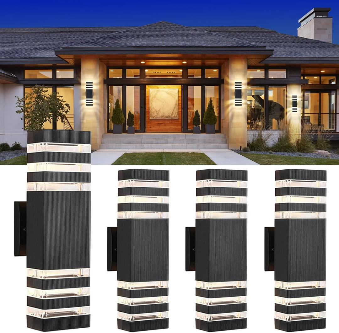 DASTOR 4 Pack Modern Outdoor Wall Lights, 15.1'' Up and Down Porch Lights, 14W 3000K Warm White Exterior Sconce Lighting Fixtures for House Garage, 3 Layer-4 Packs
