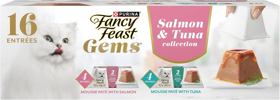 Fancy Feast Gems Pate Cat Food Mousse Salmon or Tuna and a Halo of Savory Gravy Wet Cat Food Variety Pack - (1) 8 ct. Boxes - 8 ct. Box (EXP 07/30/27)