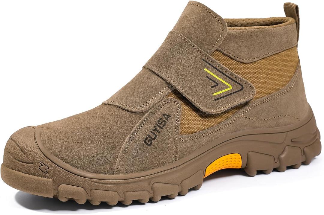 GLANOUDUN Steel Toe Boots for Men Slip on Work Boots for Men Comfortable Safety Boot Indestructible Construction Footwear Laceless Men's Steel Toe Shoes Mid Top Work Shoes (6, 3027v Brown)