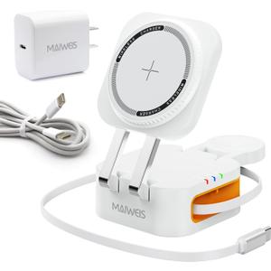 Retractable Cable Charger, 3 in 1 Foldable Magnetic Wireless Charging Station for iPhone 17/16/15/14, Apple Watch Ultra/SE, AirPods Pro (White)