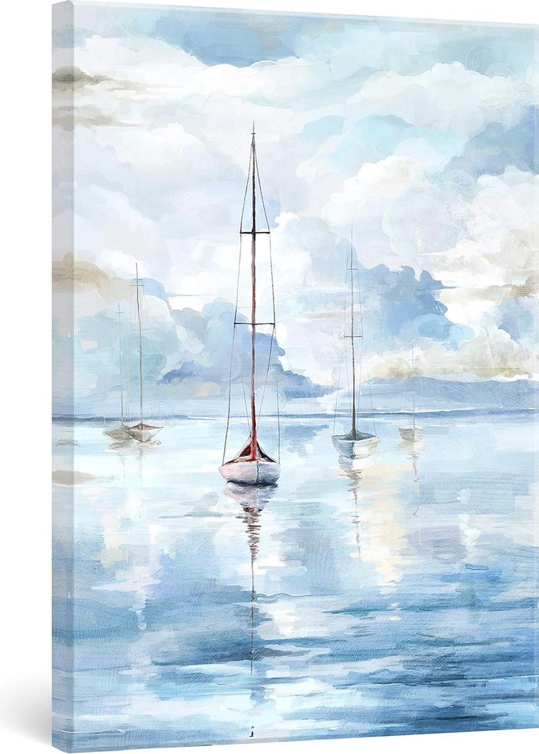 Adecuado Ocean Wall Art Sailboat Nautical Wall Decor for Living Room Bedroom Bathroom Blue Boat Coastal Paintings Seascape Beach Abstract Artwork Contemporary Decorations 16x24 Inch