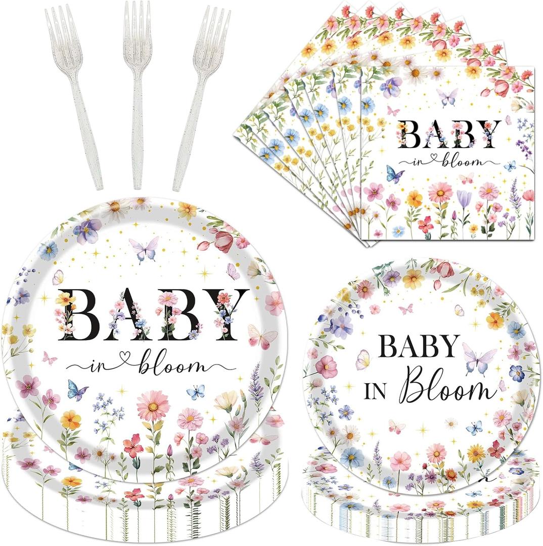 Baby Shower Tableware Decorations - 96 Pcs Floral Baby in Bloom Baby Shower Plates Napkins Forks Decor, Spring Wildflower Flower Party Dinnerware Set Supplies for Girls Gender Reveal Serves 24