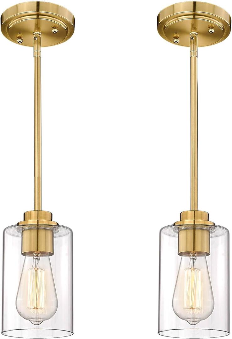 Brass Pendant Lights Kitchen Island 2 Pack, Farmhouse Gold Pendant Lighting with Clear Glass Shade, Mini Hanging Light Fixture for Kitchen Sink Dining, AD-22281-1P2-GD-C