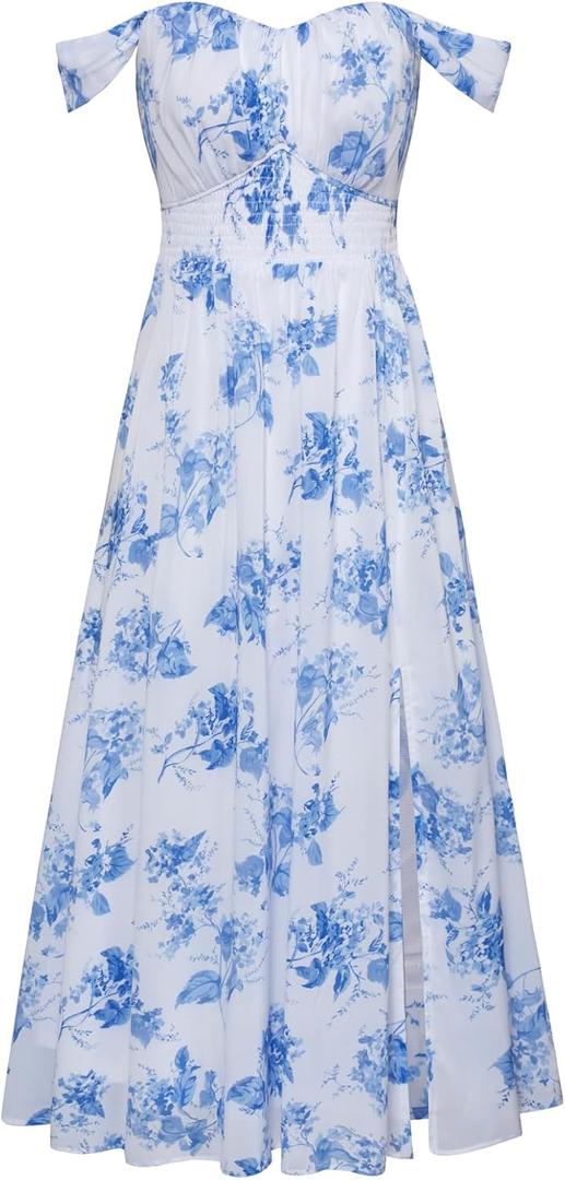 GRACE KARIN 2026 Women's Summer Floral Wedding Guest Dress,Beach Flowy A Line Maxi Off Shoulder Bridesmaid Dresses (White-blue Floral)